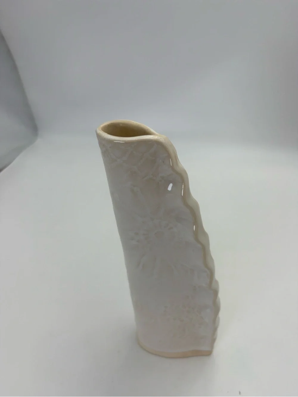 Signed Handmade Cream Ceramic Vase with Subtle Sun and Floral Texture